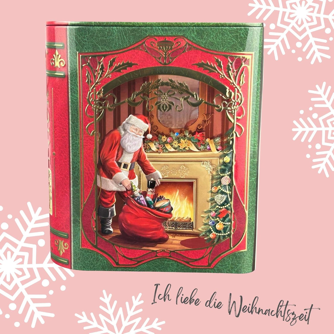 MediMuc Kleine Buchdose St. Nick rot/grün - nostalgische Dose aufwändig geprägt und bedruckt - Santa