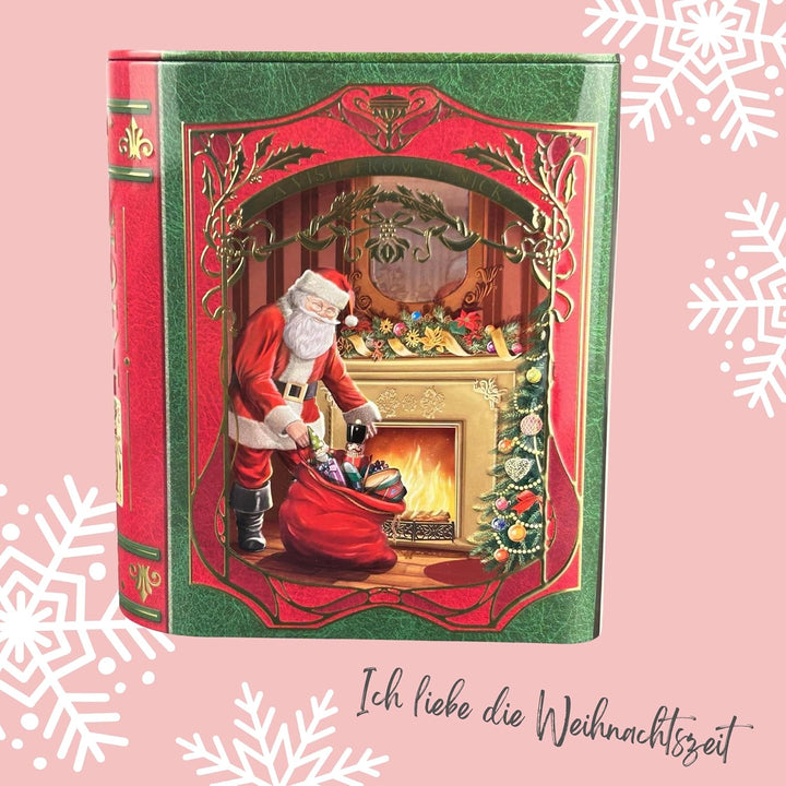MediMuc Kleine Buchdose St. Nick rot/grün - nostalgische Dose aufwändig geprägt und bedruckt - Santa
