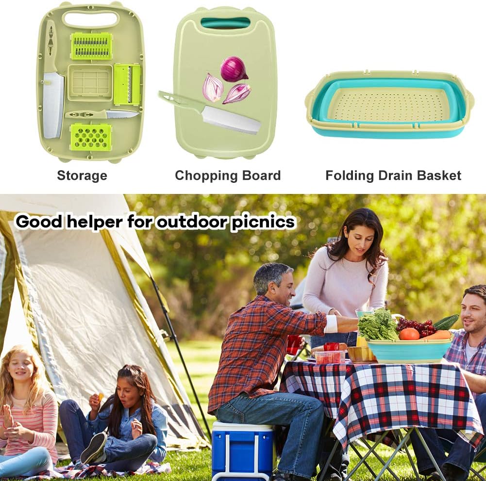 HI NINGER Camping schneidebrett，9 in 1Faltbares Schneidebrett,Multifunktions-Schneidebrett mit 5 Gem