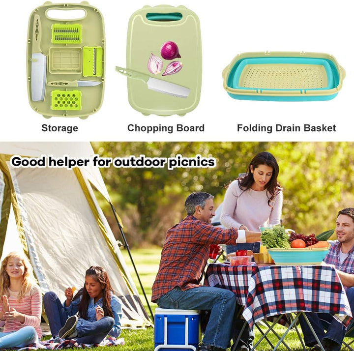 HI NINGER Camping schneidebrett，9 in 1Faltbares Schneidebrett,Multifunktions-Schneidebrett mit 5 Gem