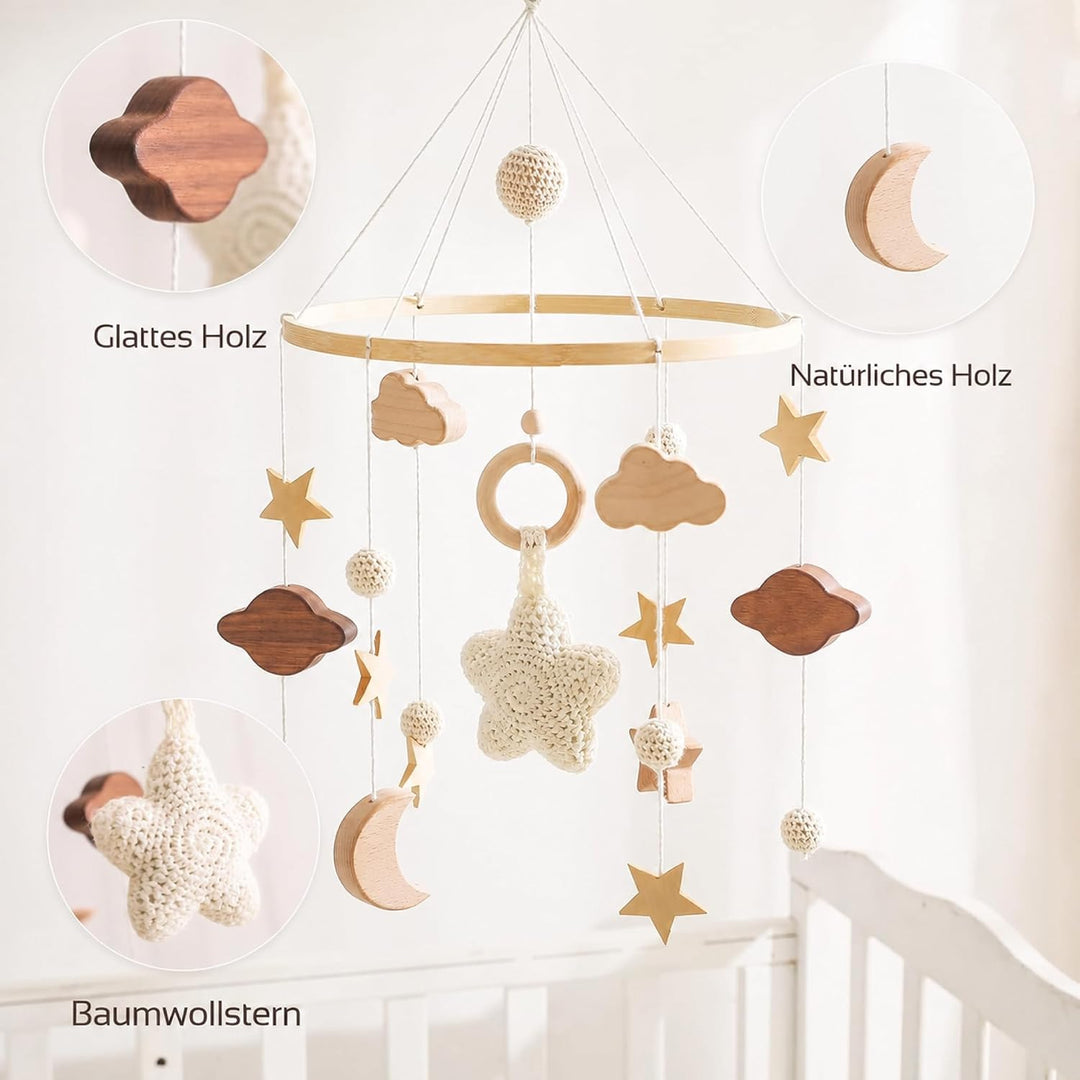 Mobile Baby Windspiele mit Wolken Mond Sterne Handgefertigt Holz Gehäkelt Mobile Baby Neugeborene Ju