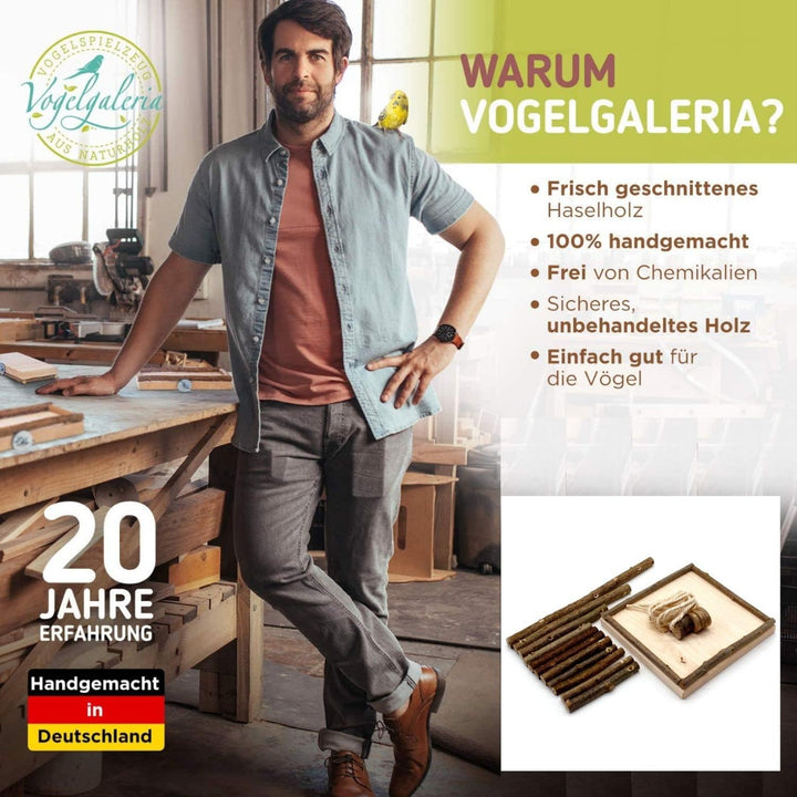 Vogelgaleria® Vogelspielplatz selber Bauen. DIY Bausatz für tolles Vogelspielzeug aus Naturholz