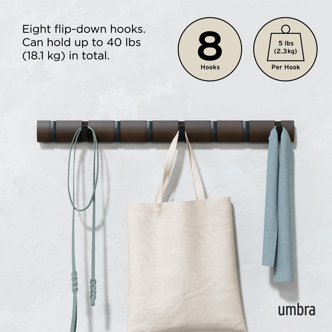 Umbra Flip 8 Garderobenhaken – Moderne, Schlichte und Platzsparende Garderobenleiste mit 8 Beweglich
