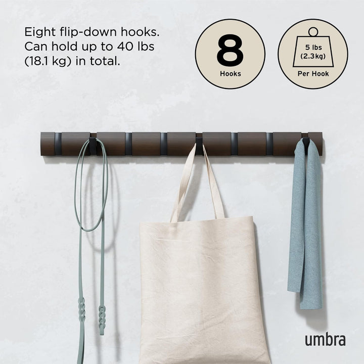 Umbra Flip 8 Garderobenhaken – Moderne, Schlichte und Platzsparende Garderobenleiste mit 8 Beweglich