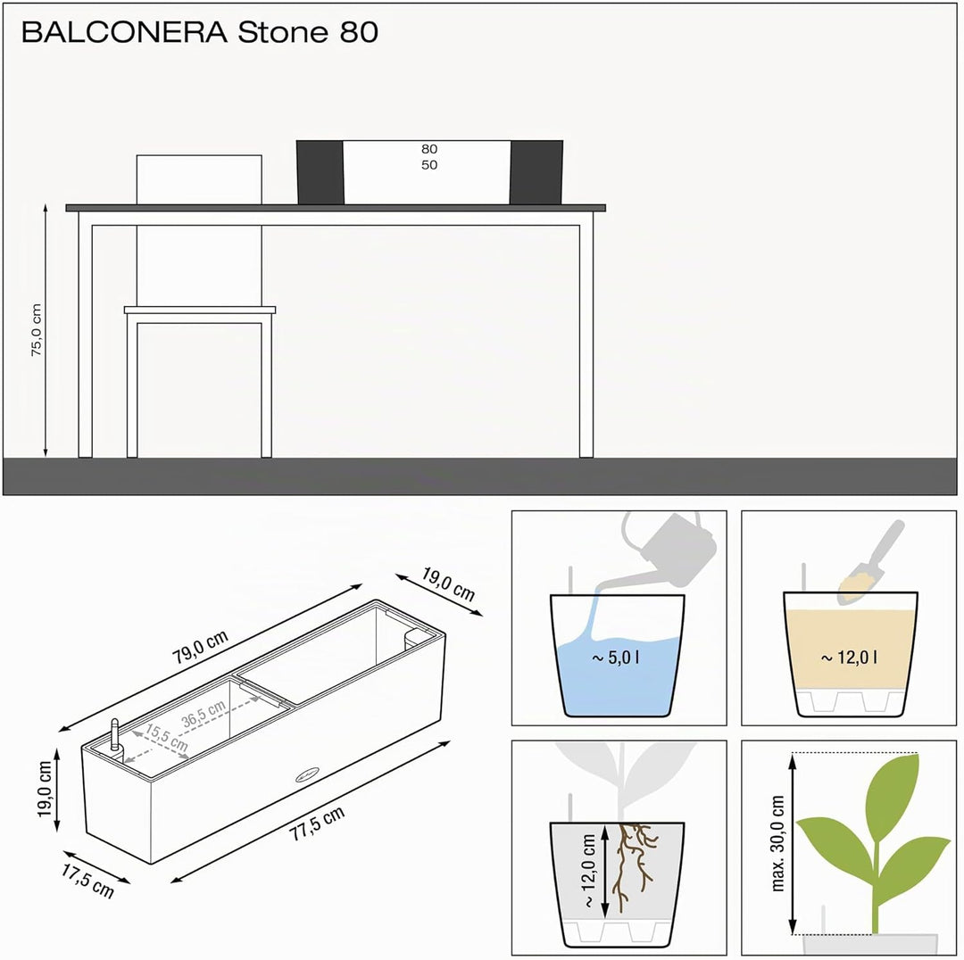 LECHUZA BALCONERA Stone 80 steingrau 15660 79x19x19 cm Steingrau, 79x19x19 cm Steingrau