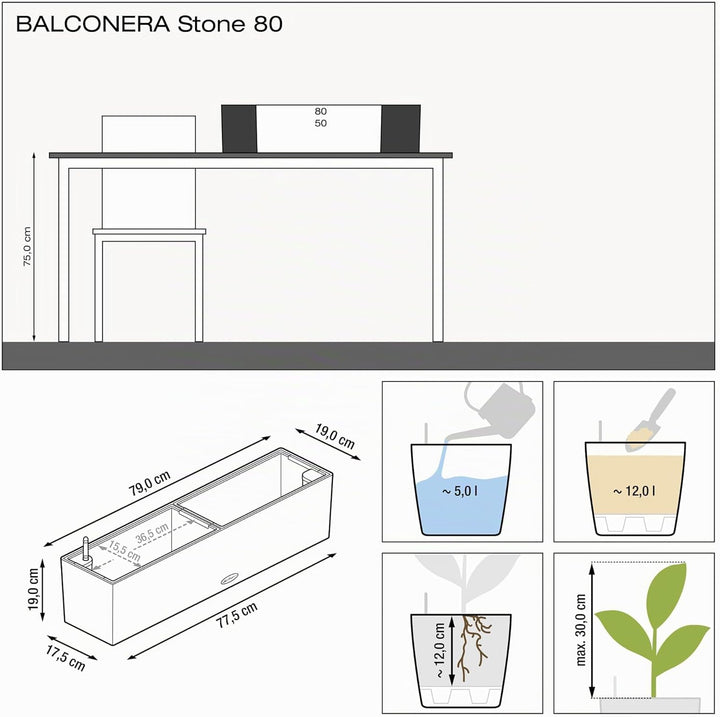 LECHUZA BALCONERA Stone 80 steingrau 15660 79x19x19 cm Steingrau, 79x19x19 cm Steingrau
