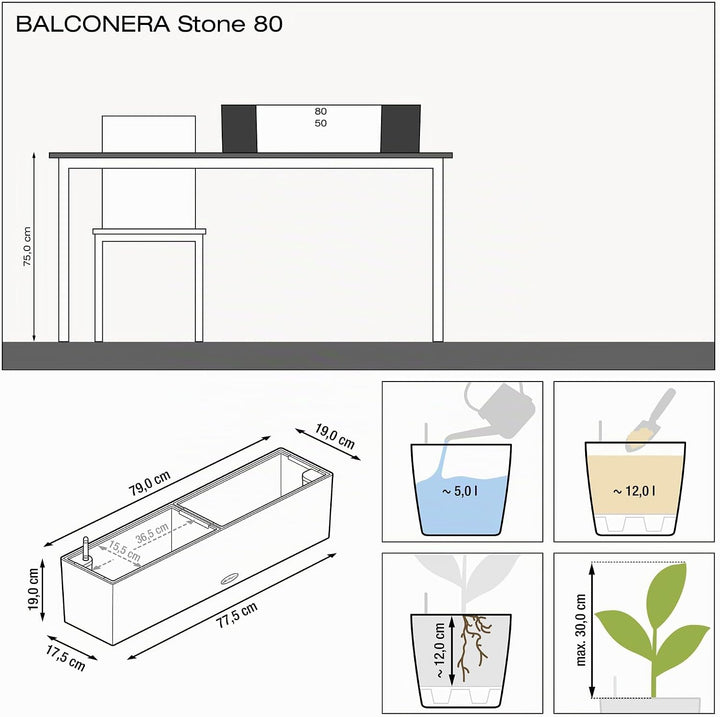 LECHUZA BALCONERA Stone 80 graphitschwarz 15662 79x19x19 cm Graphitschwarz, 79x19x19 cm Graphitschwa