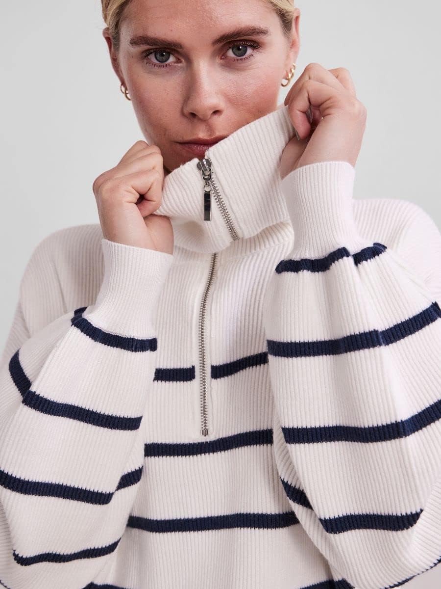 YAS Damen Yasdeli Ls Zip Knit S. Noos Pullover M Star White/Stripes:navy Blazer, M Star White/Stripe