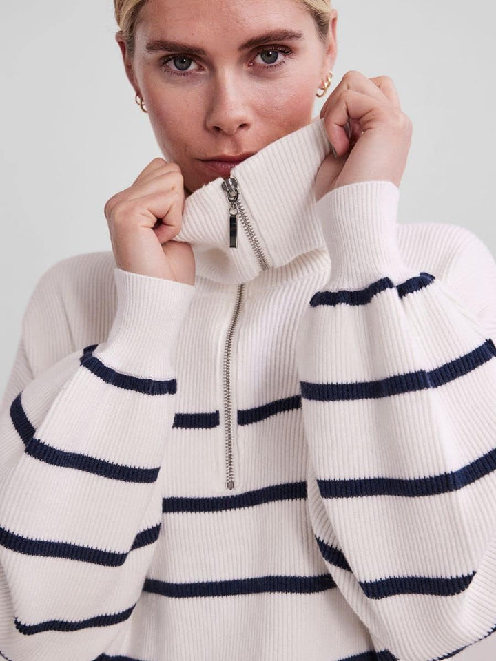 YAS Damen Yasdeli Ls Zip Knit S. Noos Pullover M Star White/Stripes:navy Blazer, M Star White/Stripe