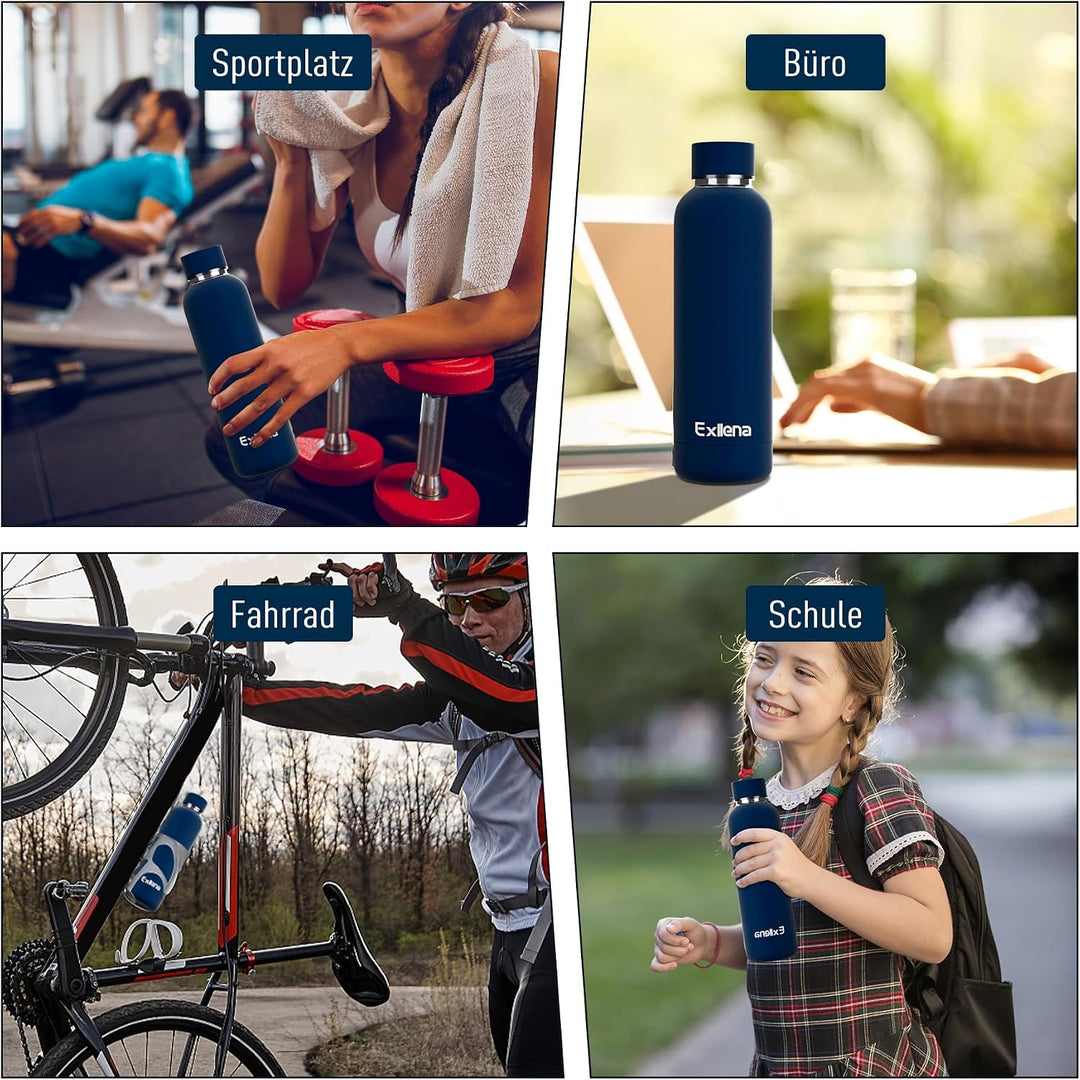 Exllena Trinkflasche Edelstahl 500ml - Hochwertige Thermosflasche Mit Silikongriff für Sport, Büro u