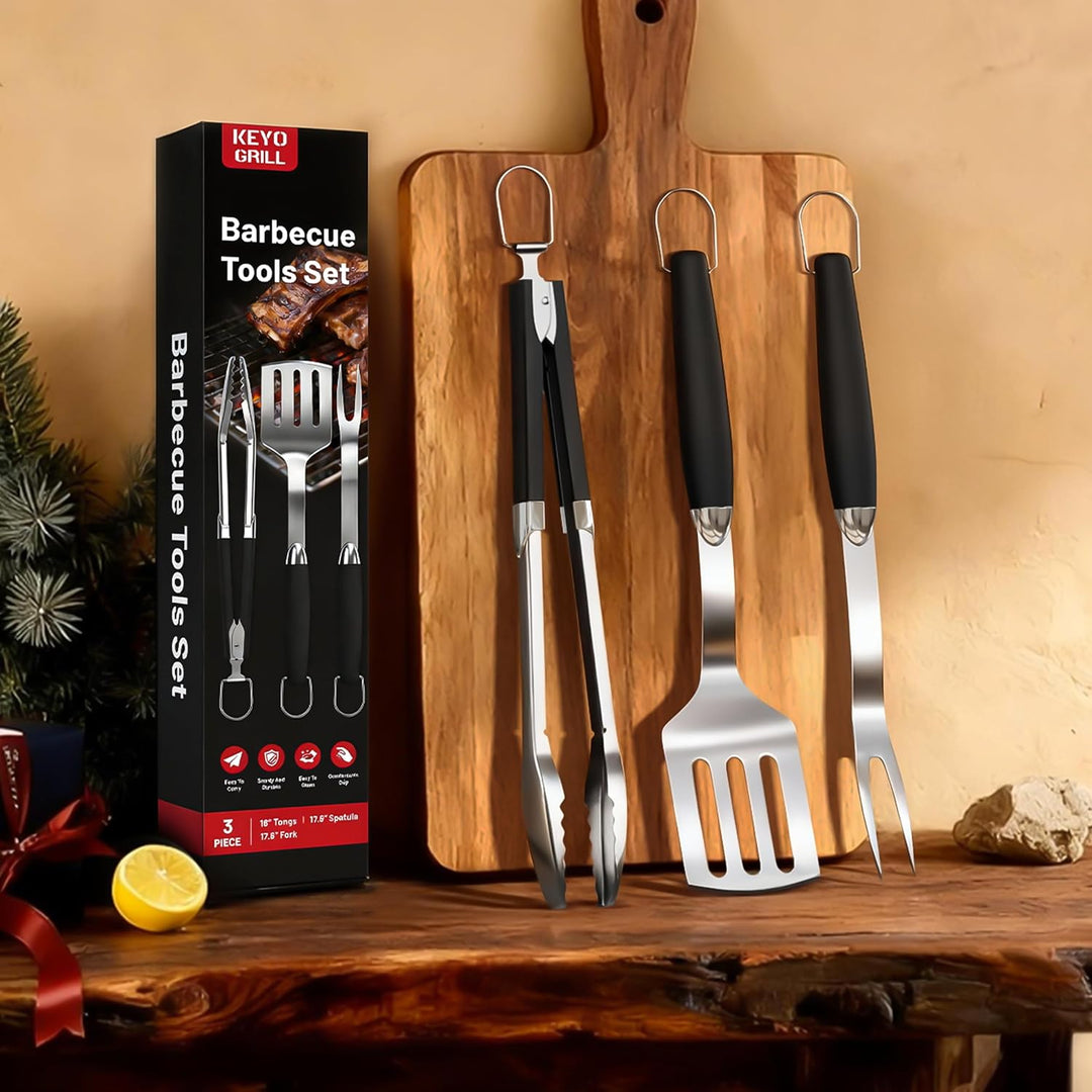 KEYO Kompakt Grillbesteck, 3-teilig aus Edelstahl, Bestehend aus Grillzange, Grillwender und Fleisch