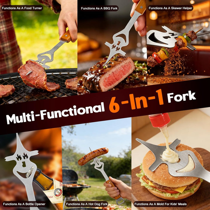 BBQ Grillbesteck Set 5-TLG, Extra Langes Grillwerkzeug aus Edelstahl mit Holzgriff, Grillzange, Flei