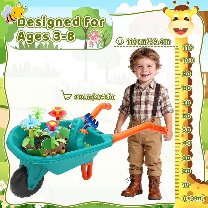 deAO Gartenset Kinder, Gartengeräte Spielzeug mit Schubkarre, Schaufel, Rechen, Blumentöpfe, Handsch