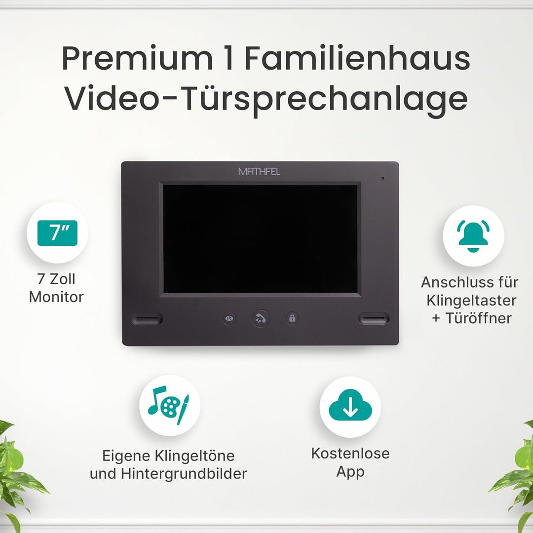 Mathfel Video Türsprechanlage mit Kamera und Türöffner, 7'' Farbmonitor, 4-Draht-Technik - Türklinge