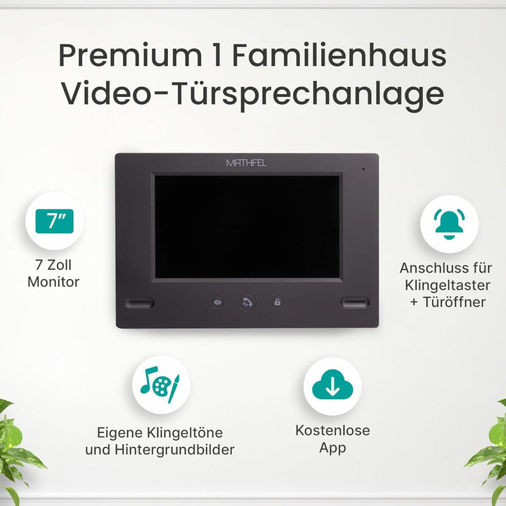 Mathfel Video Türsprechanlage mit Kamera und Türöffner, 7'' Farbmonitor, 4-Draht-Technik - Türklinge