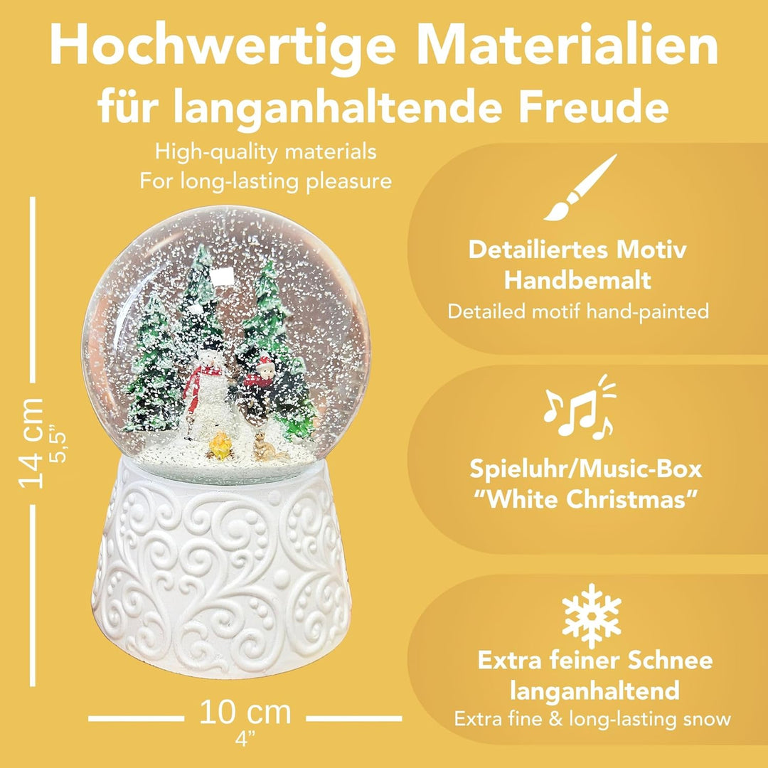 Schneekugel Weihnachten Spieluhr | Schneemann Steht Kind auf Schlitten| Ornament Sockel weiss | Höhe