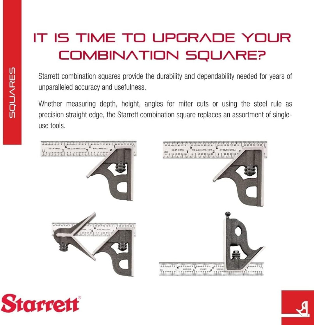 Starrett Stahl-Kombinationswinkel mit quadratischem Kopf – 30,5 cm Klingenlänge, Gusseisenkopf, gehä