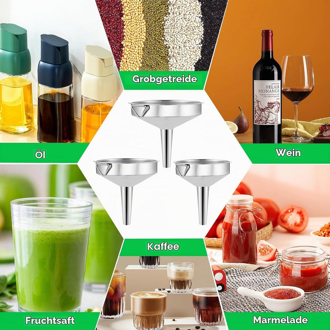 Gucass 7 Stk Edelstahl Trichter Set, Grosse Trichter Küche mit Griff, Marmeladentrichter mit Siebfil