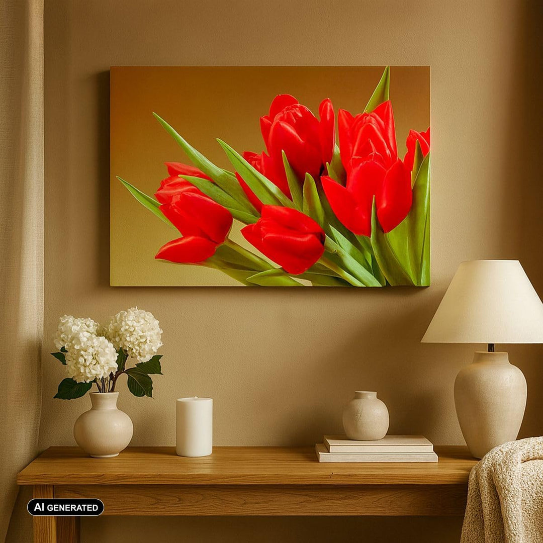 Bilder auf Leinwand Tulpen Blumen Feld Plantage Leinwandbild 70x50cm Wandbilder Dekoration Wohnzimme