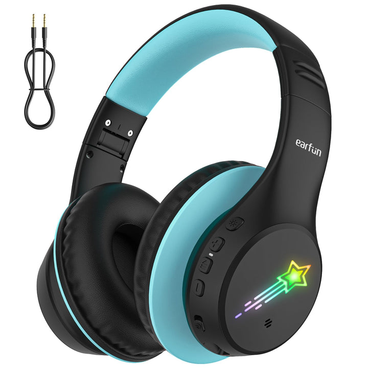 EarFun Bluetooth Kopfhörer Kinder, 5 LED-Beleuchtungsmodi, 74/85/94 dBA Lautstärkebegrenzung, 90 Std