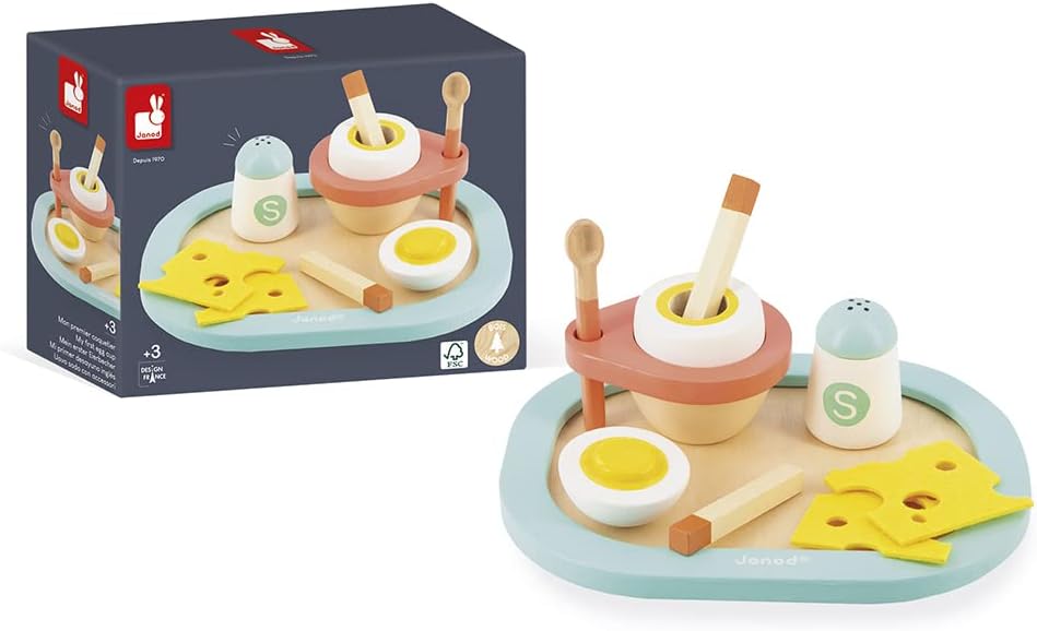 Janod J06625 My First Egg Cup-Imitation Kitchen and Dinette Toy-9 Elements Included-FSC Certified-Wa