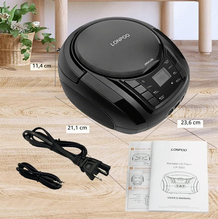 Tragbarer CD-Player Boombox mit FM-Radio/Bluetooth/USB/AUX-Eingang | 3,5 mm MIC &amp; Kopfhöreranschluss