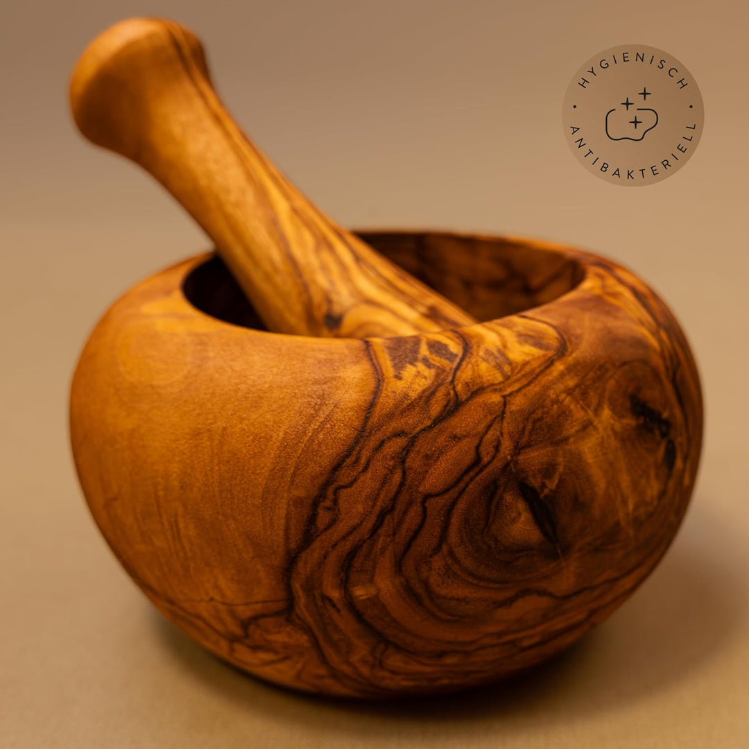 das Olivenholzbrett® Mörser und Stössel rund Olivenholz Mörser &amp; Stössel Set, Mörser, Holzmörser - K