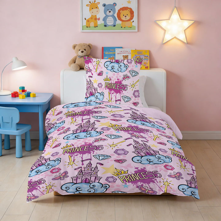 DJDEA Rosa Burg Bettwäsche 135 x 200 cm Kinder Weich Mikrofaser, Burg Motiv Bettwäsche-Sets mit Reis