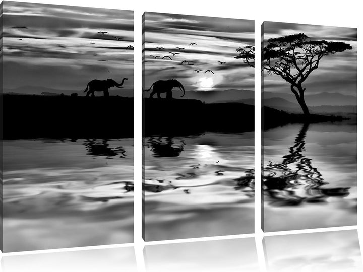 Pixxprint Elefanten in Afrikanischer Steppe als Leinwandbild/Grösse: 3 Teilig (120x80 cm) cm/Wandbil