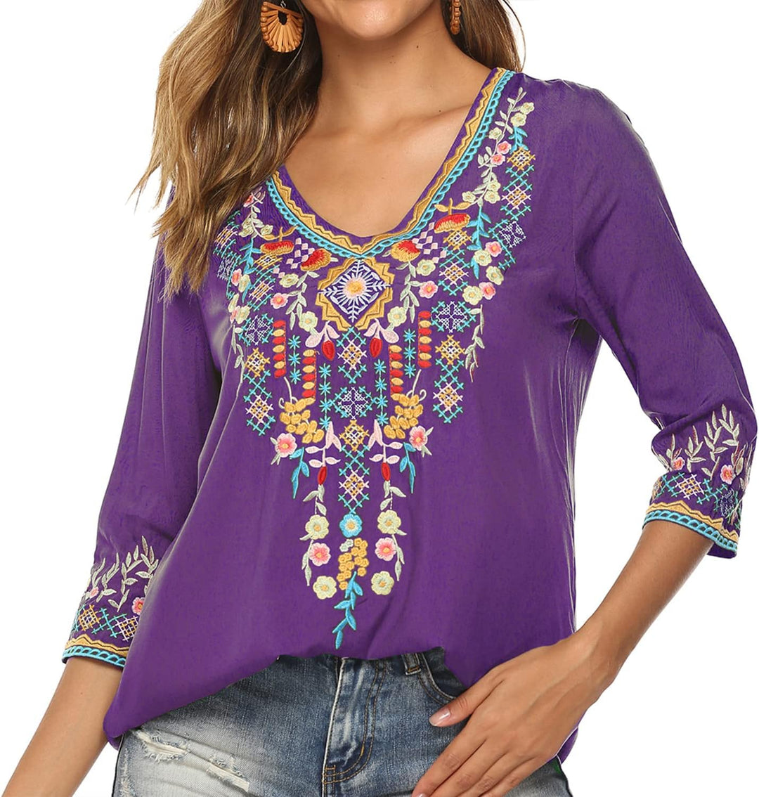 Hippie Kleidung Damen Bohemian Folklore Stickerei Bluse 3/4 äRmel V Ausschnitt Tunika Sommer LäSsige