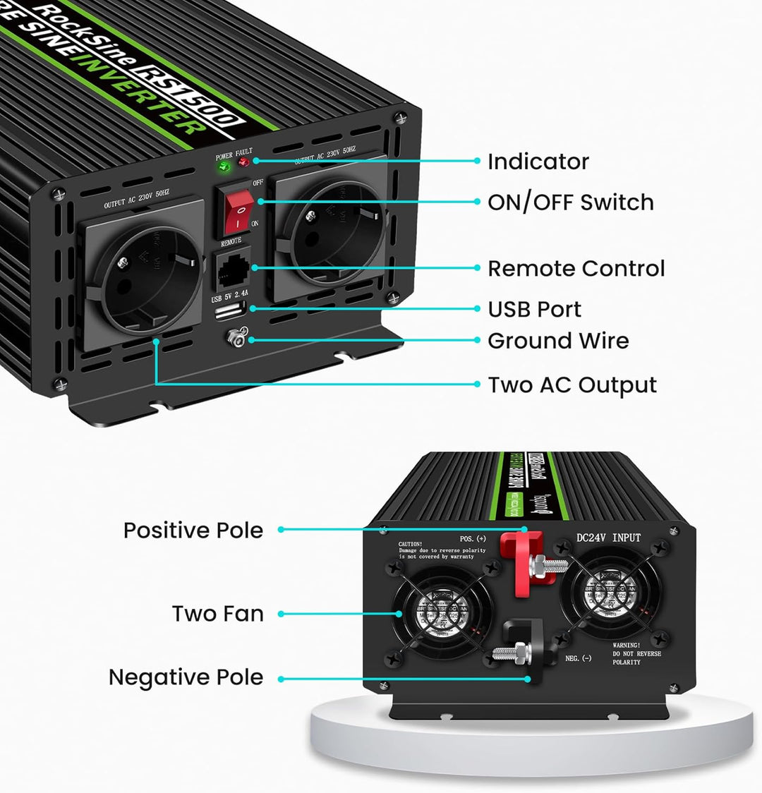NOVOPAL 1500W Wechselrichter 24V auf 230V Reiner Sinus Spannungswandler mit LiFePO4 Power Inverter m