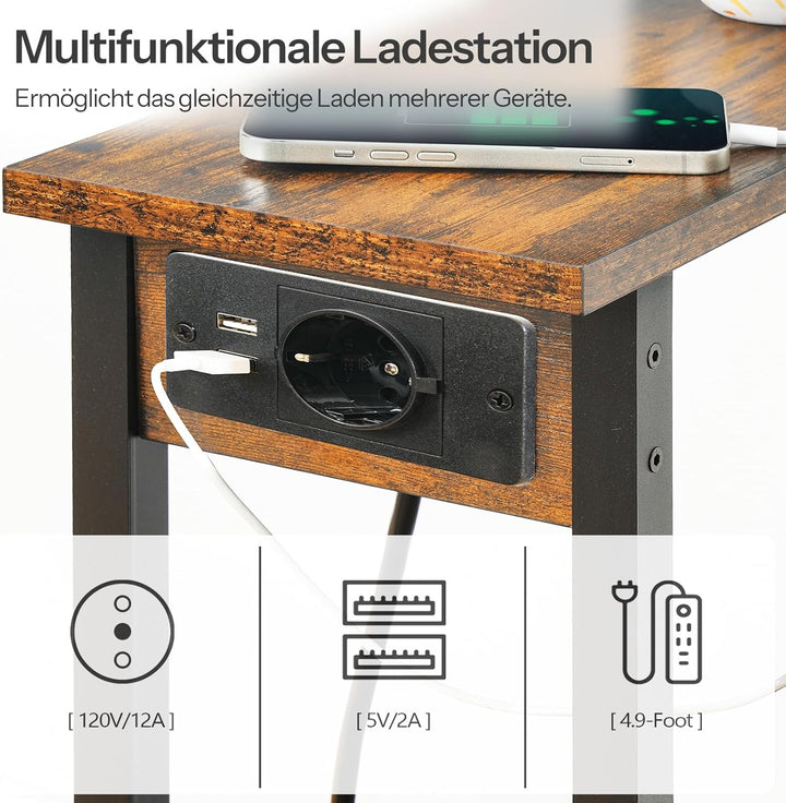 HOOBRO Schmaler Beistelltisch mit 2 Ebenen, Sofatisch Ladestation, Nachttisch mit Ablage, Couchtisch