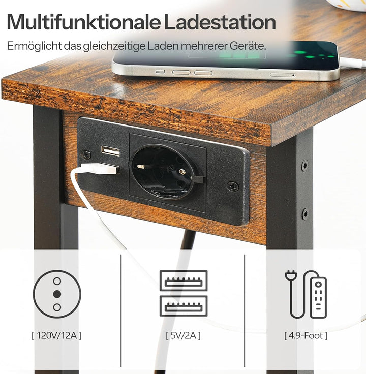 HOOBRO Schmale Beistelltische 2 Ebenen, 2er-Set, Sofatische mit Ladestation, Nachttische mit Ablage,