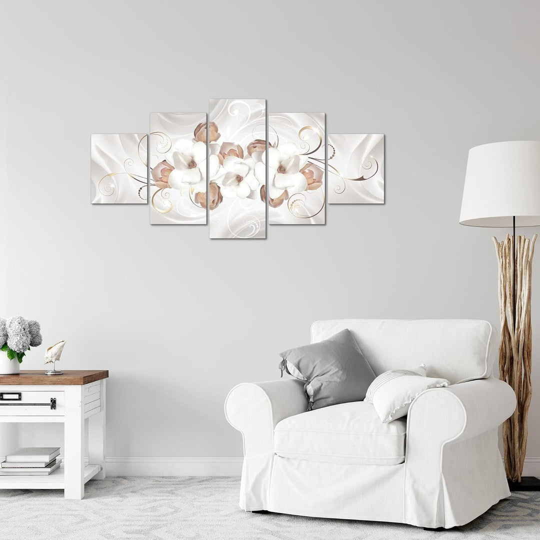 Runa Art Wandbilder Blumen Magnolien 5 Teilig Bild auf Vlies Leinwand Deko Wohnzimmer Abstrakt Grau