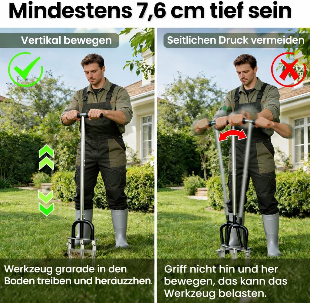 Aerifizierer für Rasen, Rasenlüfter aus Edelstahl, 3 Zinken Hohlzinken, Gartengerät zum Rasen Belüft