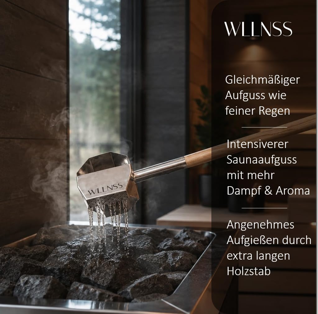 Saunakelle mit Regeneffekt 500 ml – Grosse Edelstahl Aufgusskelle mit langem Holzgriff – Gleichmässi