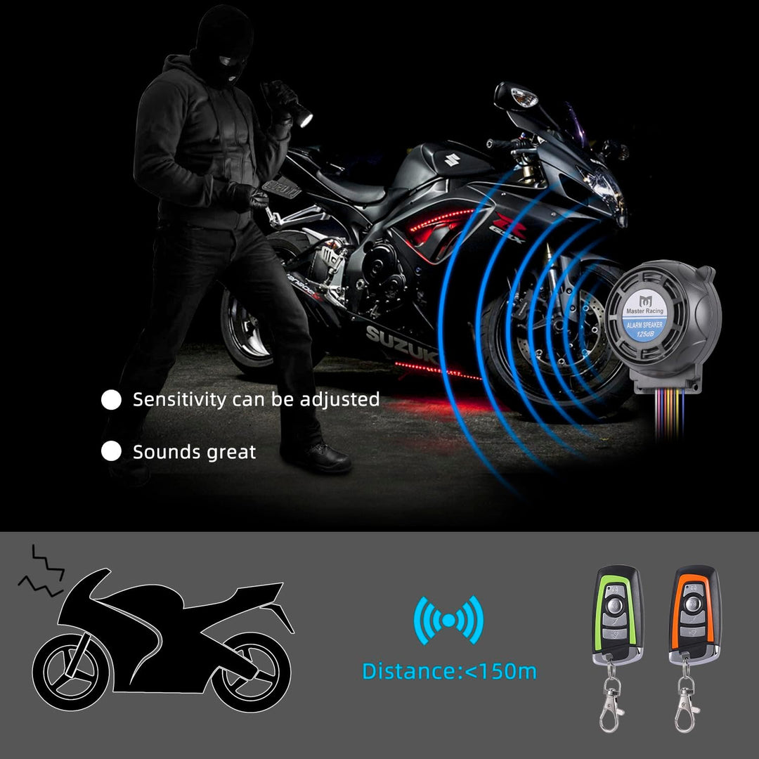 Rupse Motorrad Alarm 125dB, Motorrad Alarmanlage mit Start und Stoppfunktion, 2 Fernbedienung, draht