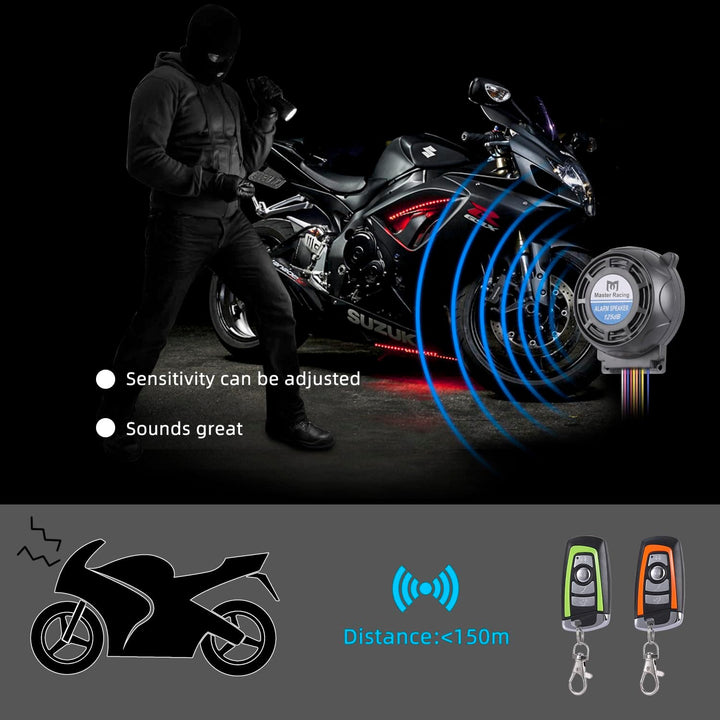 Rupse Motorrad Alarm 125dB, Motorrad Alarmanlage mit Start und Stoppfunktion, 2 Fernbedienung, draht