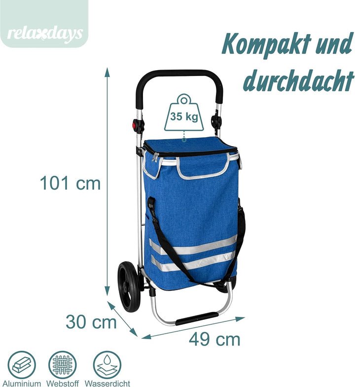 Relaxdays Einkaufstrolley, 2 grosse Räder, Kühlfach, abnehmbare Tasche, 45 l, bis 35 kg, Einkaufswag