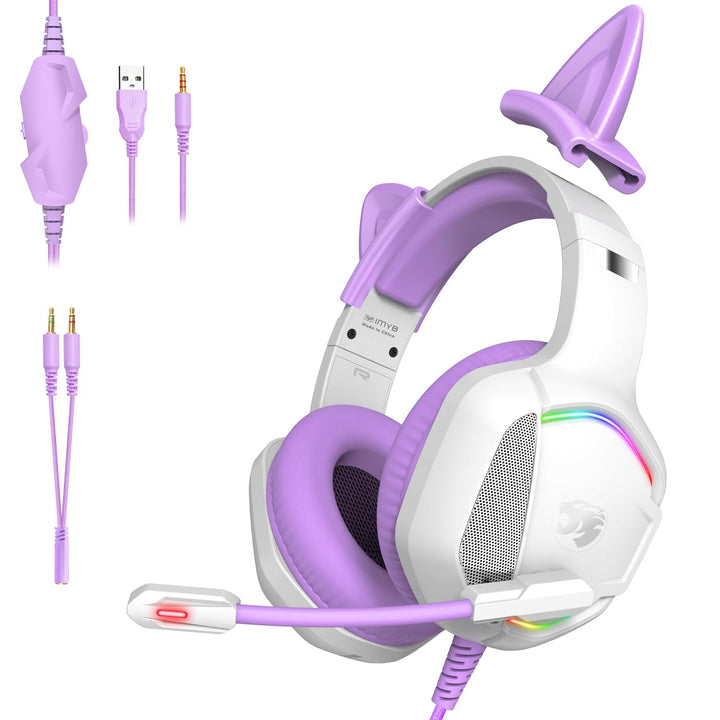 Gaming Headset mit Katzenohren abnehmbaren, RGB-Licht, Stereo Surround Noise Cancelling, Mikrofon fü