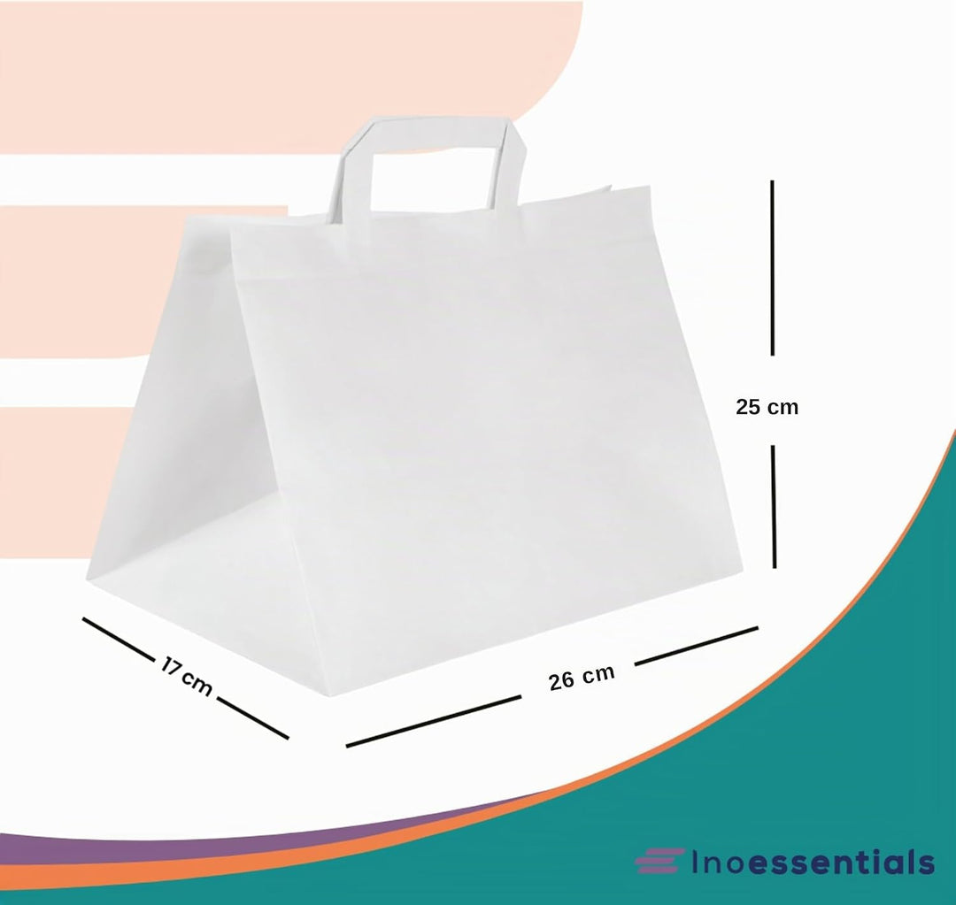 Inoverse 250 Stück Papiertragetaschen, Geschenktüten, 26+17x25 cm Papiertüten mit Henkel, Weiss Kraf