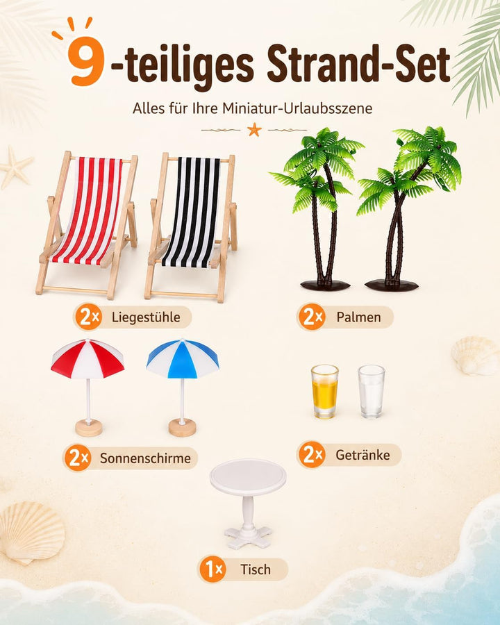 Hemobllo 9 Stück Miniatur Strand Deko Set, Mini Liegestuhl Palme Sonnenschirm Zubehör für DIY Sommer