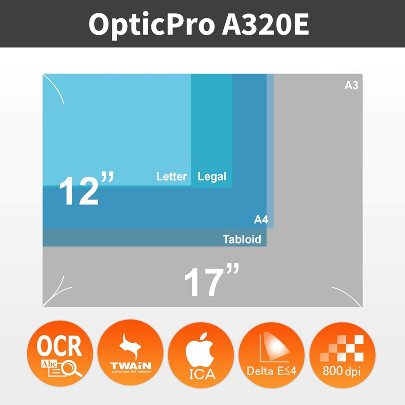 Plustek OpticPro A320E - Flachbettscanner Din-A3 (Auflösung 800 dpi, CCD), Kompatibel mit Wins & Mac