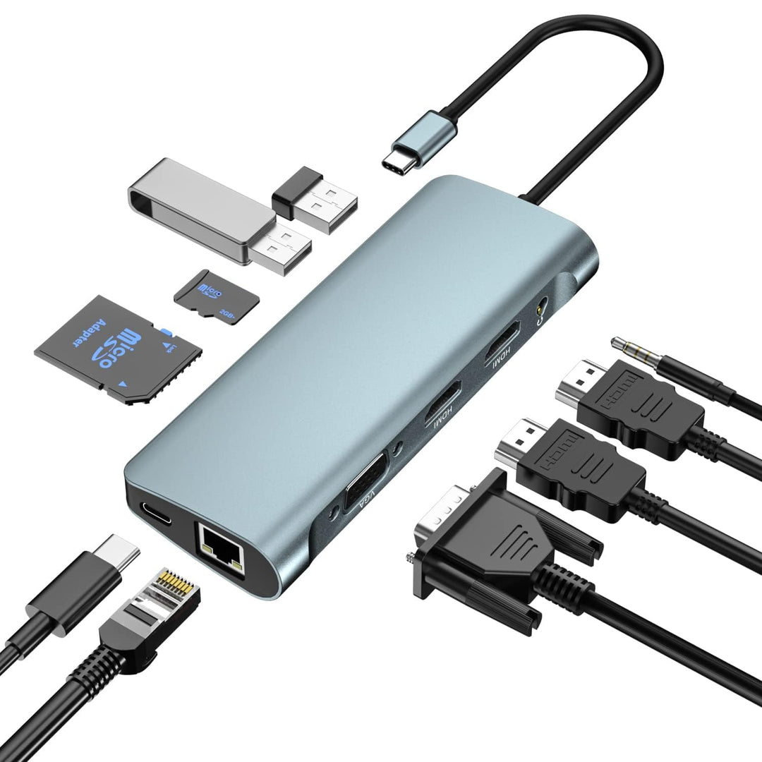 Docking Station, 10-in-1-USB-C-Hub, USB Typ C bis 4K 30 Hz HDMI 1080P VGA, 87 W PD, 2 USB 3.0, SD/TF