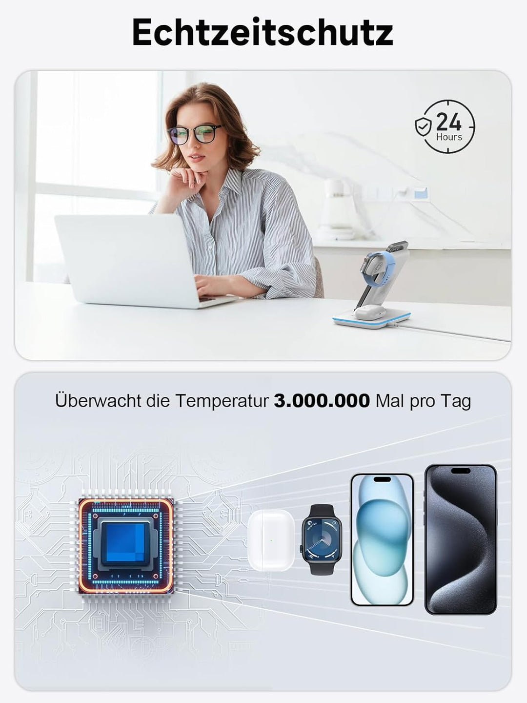 Induktive Ladestation für Apple Wireless Charger 3 in 1: 2024 Neu Kabelloses Ladegerät für iPhone 15