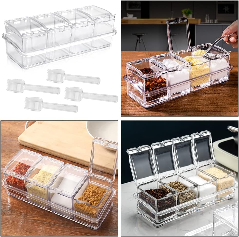 4 Stück Küche Gewürzbox Acryl Würze Box Transparent Gewürzbehälter Spice Dosen mit Löffeln und Abdec