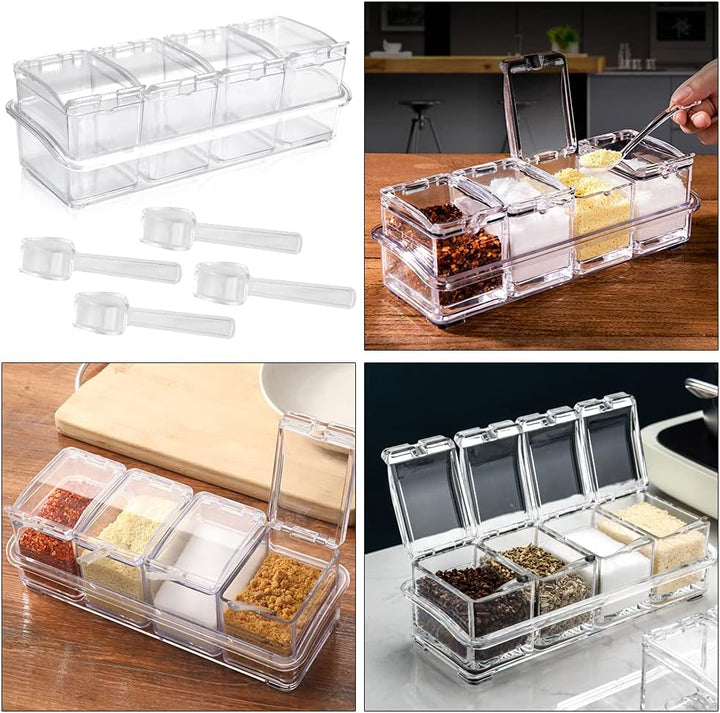 4 Stück Küche Gewürzbox Acryl Würze Box Transparent Gewürzbehälter Spice Dosen mit Löffeln und Abdec