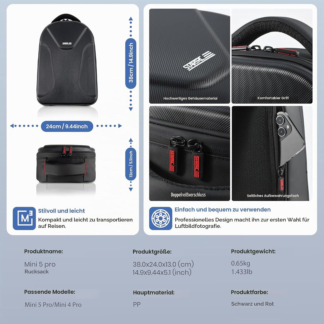STARTRC Tasche für DJI Mini 5 Pro, Wasserdichter Hartschalen-Rucksack mit Mini 5/4/3pro Drohne, RC 2