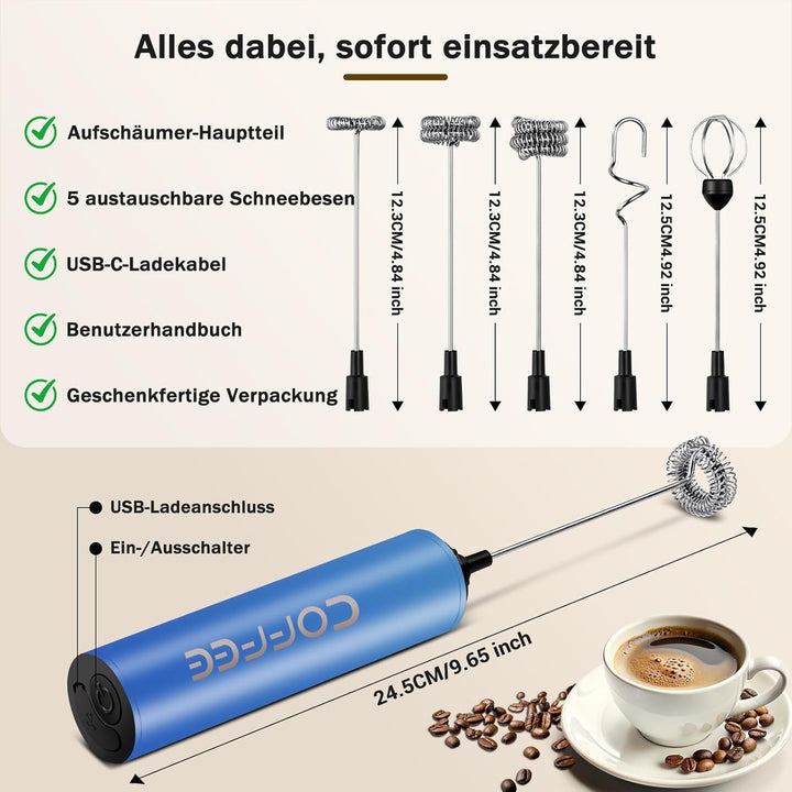 Milchschäumer Elektrisch USB-C mit 5 Wechselbaren Edelstahl-Schneebesen–2 Einstellbare Geschwindigke