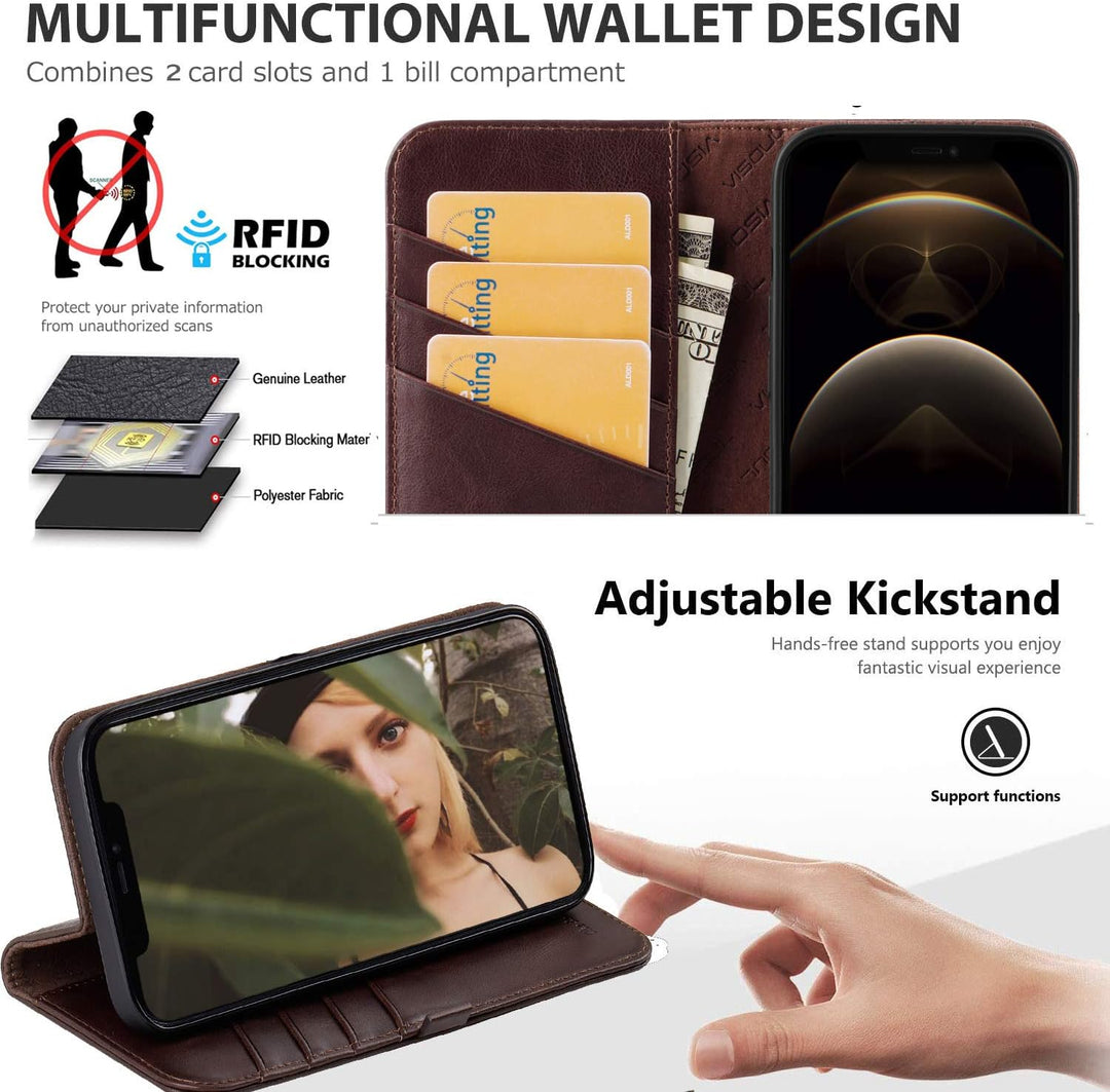 VISOUL iPhone 12 Mini Hülle,Stossfeste Handyhülle [Echtleder] [RFID Schützt] [Kartenfach] [Magnet] [